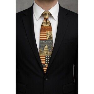 Vintage Eagles Wings Silk Patriotic Necktie – USA Flag, Liberty Bell, Capitol
